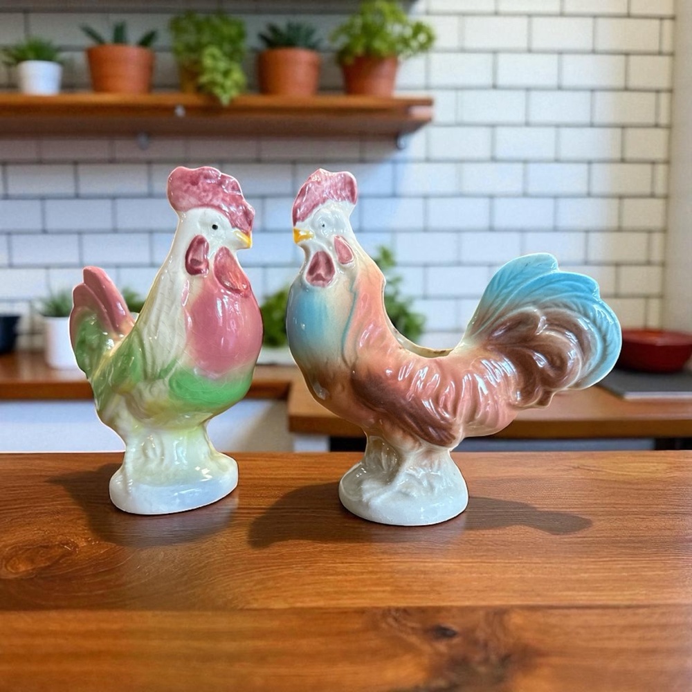 Vintage Royal Copley Ceramic Rooster Planter Figurine Set Mid Century